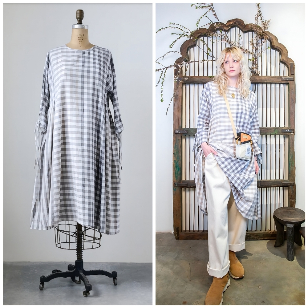 Embellish Plaid Taupe Tan Cream Tied Sleeve Dress, M